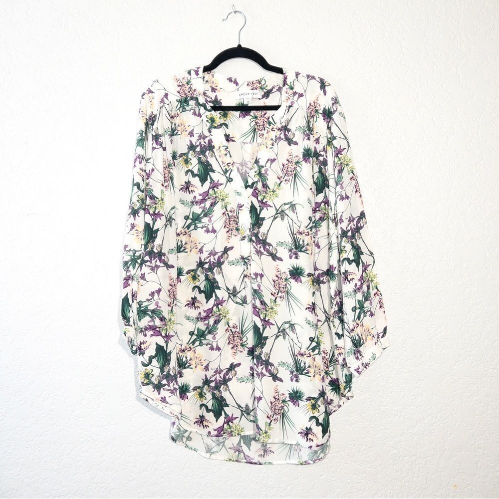 New Amour Vert White Amy‎ Tropez Floral 100% Silk Blouse Size 1X